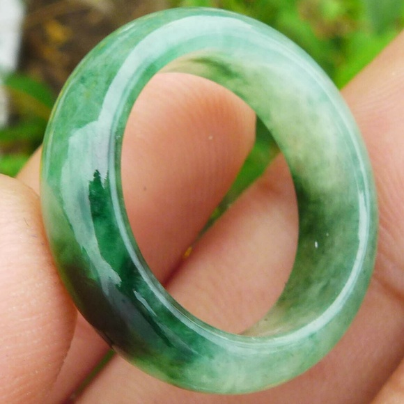 Natural Grade A Jadeite Jade One Piece Ring Carving Transparent Green 17mm - Picture 7 of 14